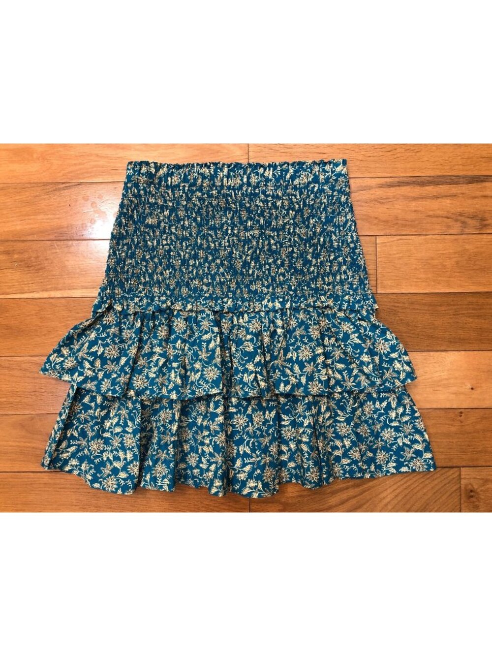NWT Madewell Eloise Tiered Mini Skirt Teal Ditsy Floral Smocked 00 Boho Festival